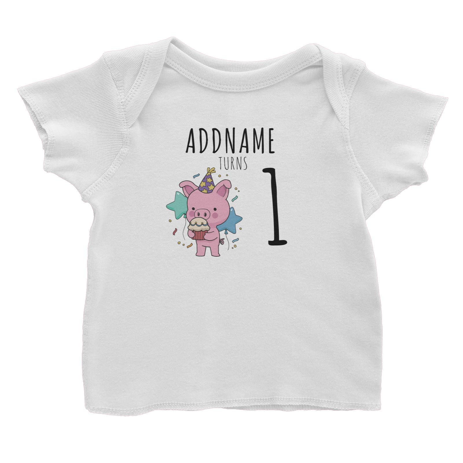 Birthday Sketch Animals Pig with Party Hat Eating Cupcake Addname Turns 1 Baby T-Shirt