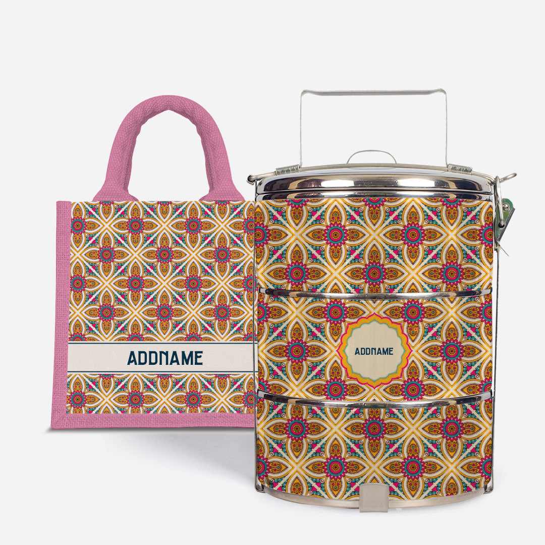 Pookal Series Standard Tiffin with Half Lining Lunch Bag - Vibrant Tiles Light Pink
