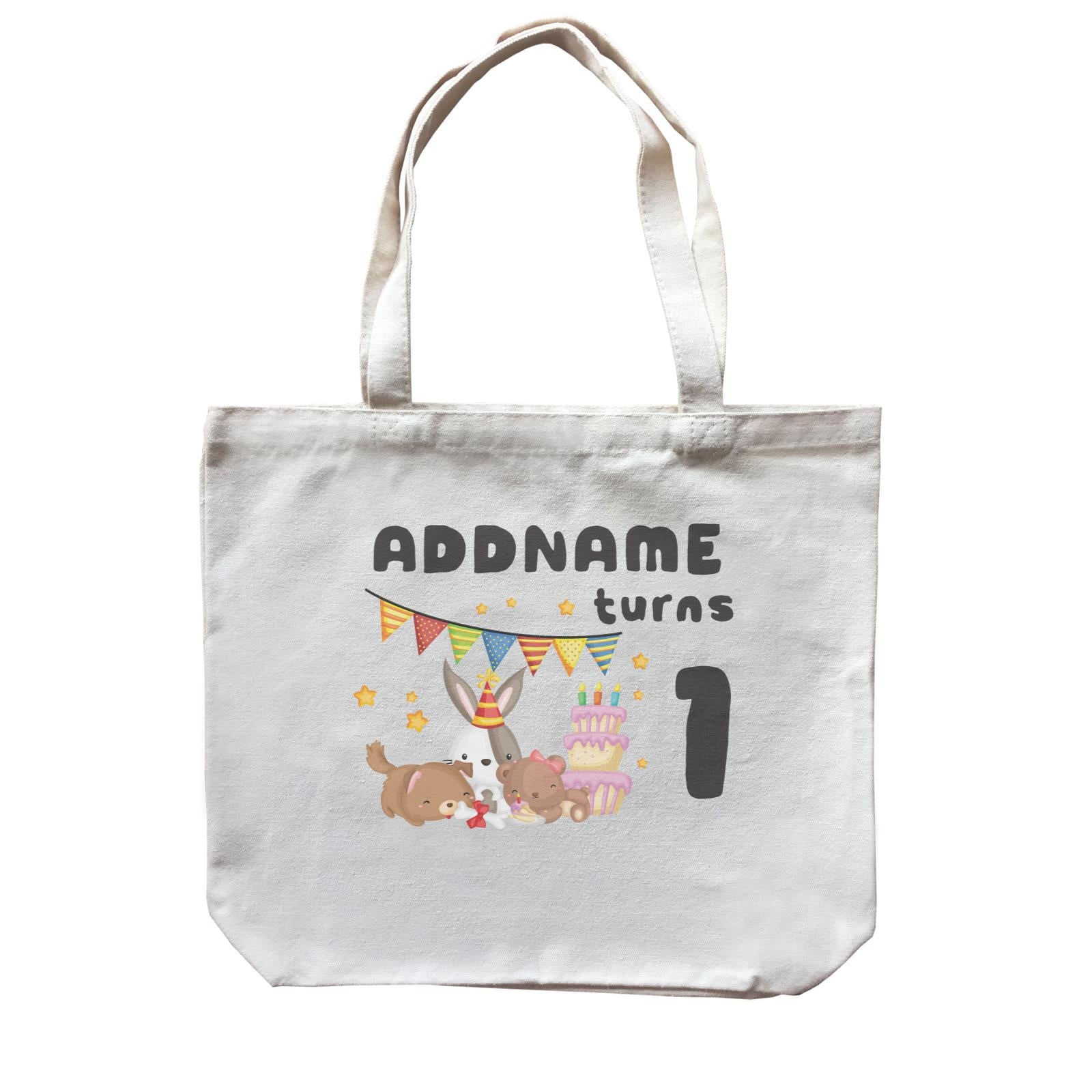 Birthday Friendly Animals Rabbit Bear And Dog Party Eating Cake Addname Turns 1 Canvas Bag