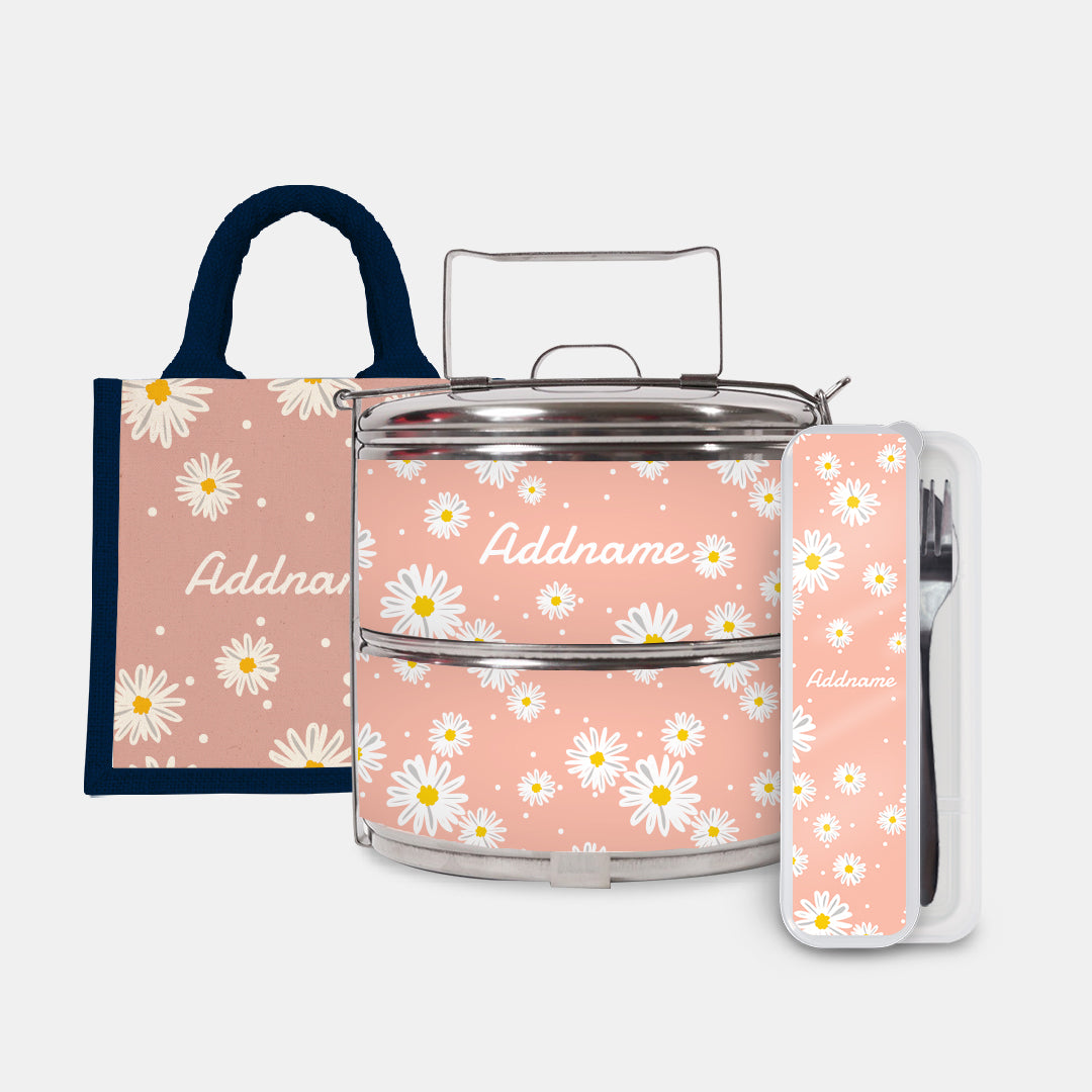 Daisy Series Half Lining Lunch Bag, Standard Two Tier Tiffin Carrier And Cutlery Set - Coral Navy