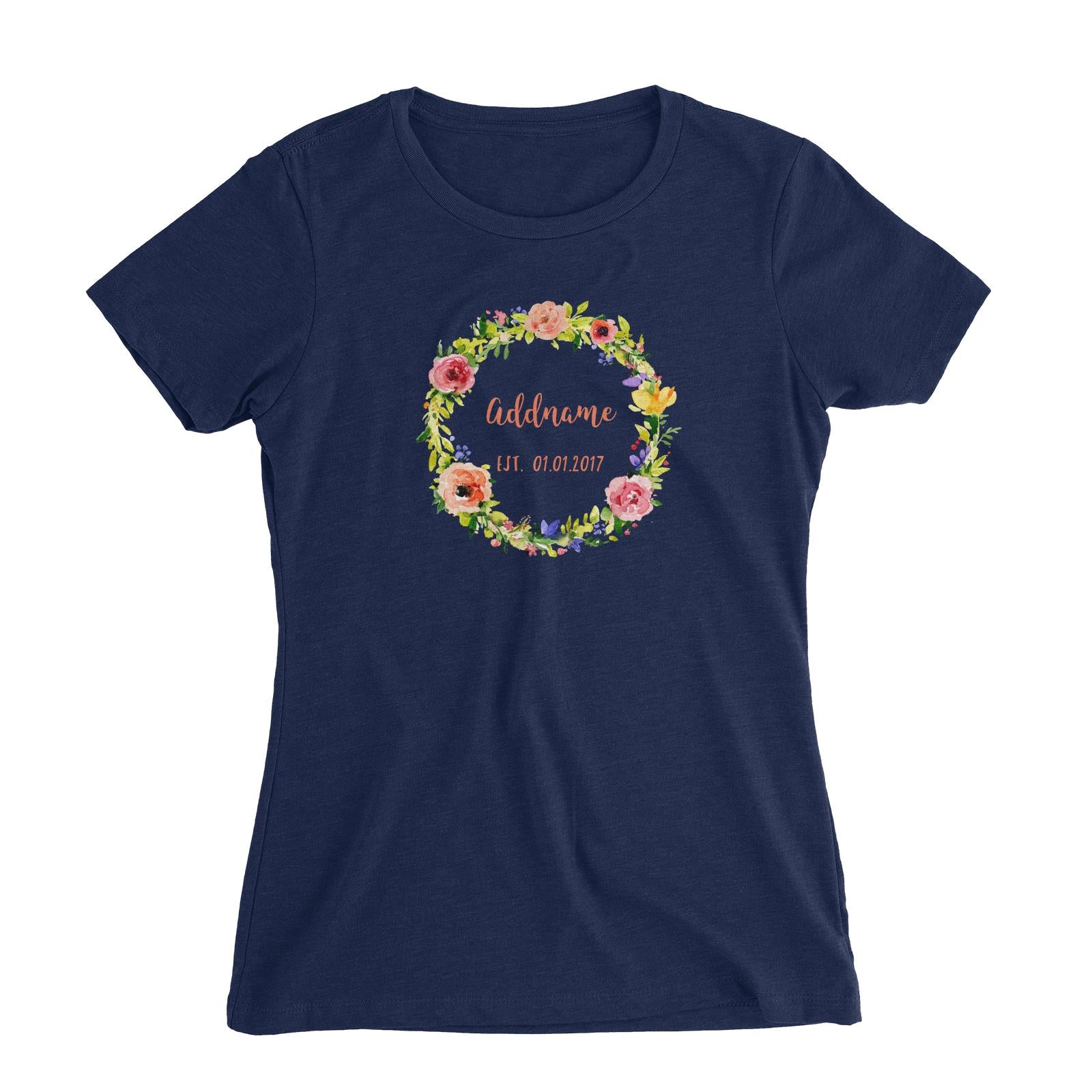 Add Name and Add Date in Spring Flower Wreath Women's Slim Fit T-Shirt