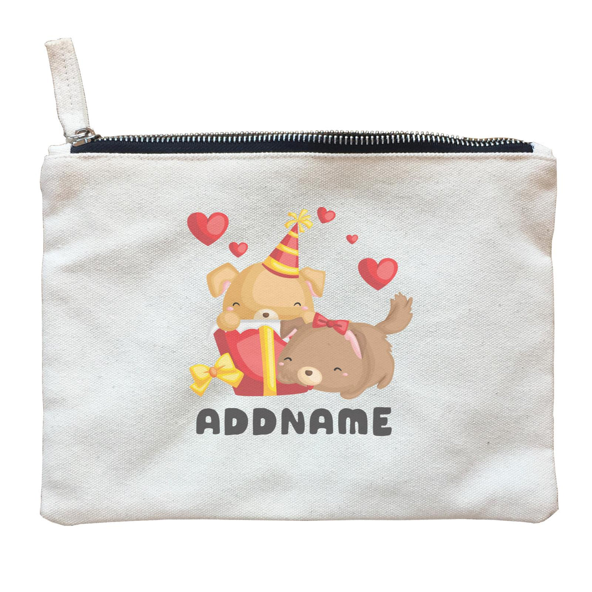 Birthday Friendly Animals Happy Two Dogs Open Present Addname Zipper Pouch