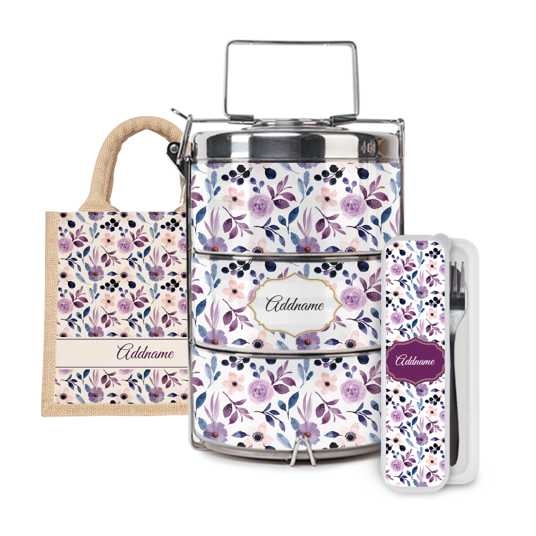Laura Series - Violet Half Lining Lunch Bag, Tiffin Carrier and Cutlery Set