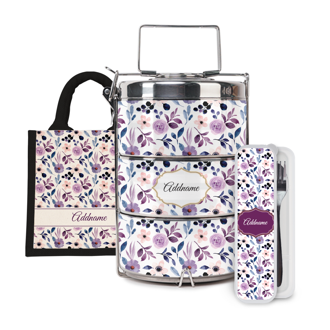 Laura Series - Violet Half Lining Lunch Bag, Tiffin Carrier and Cutlery Set