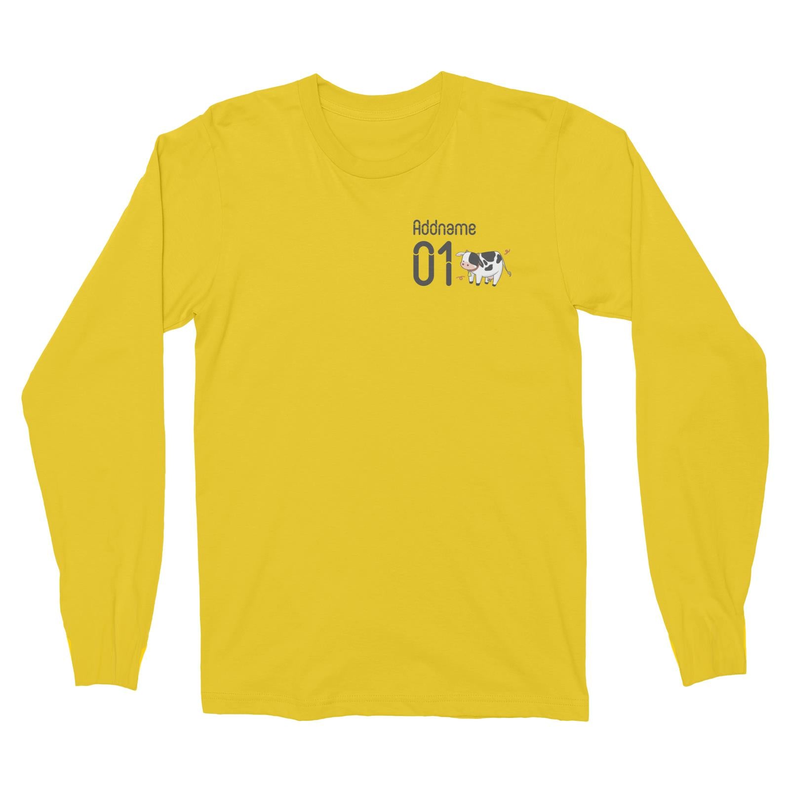 Pocket Name and Number Cute Hand Drawn Style Cow Long Sleeve Unisex T-Shirt