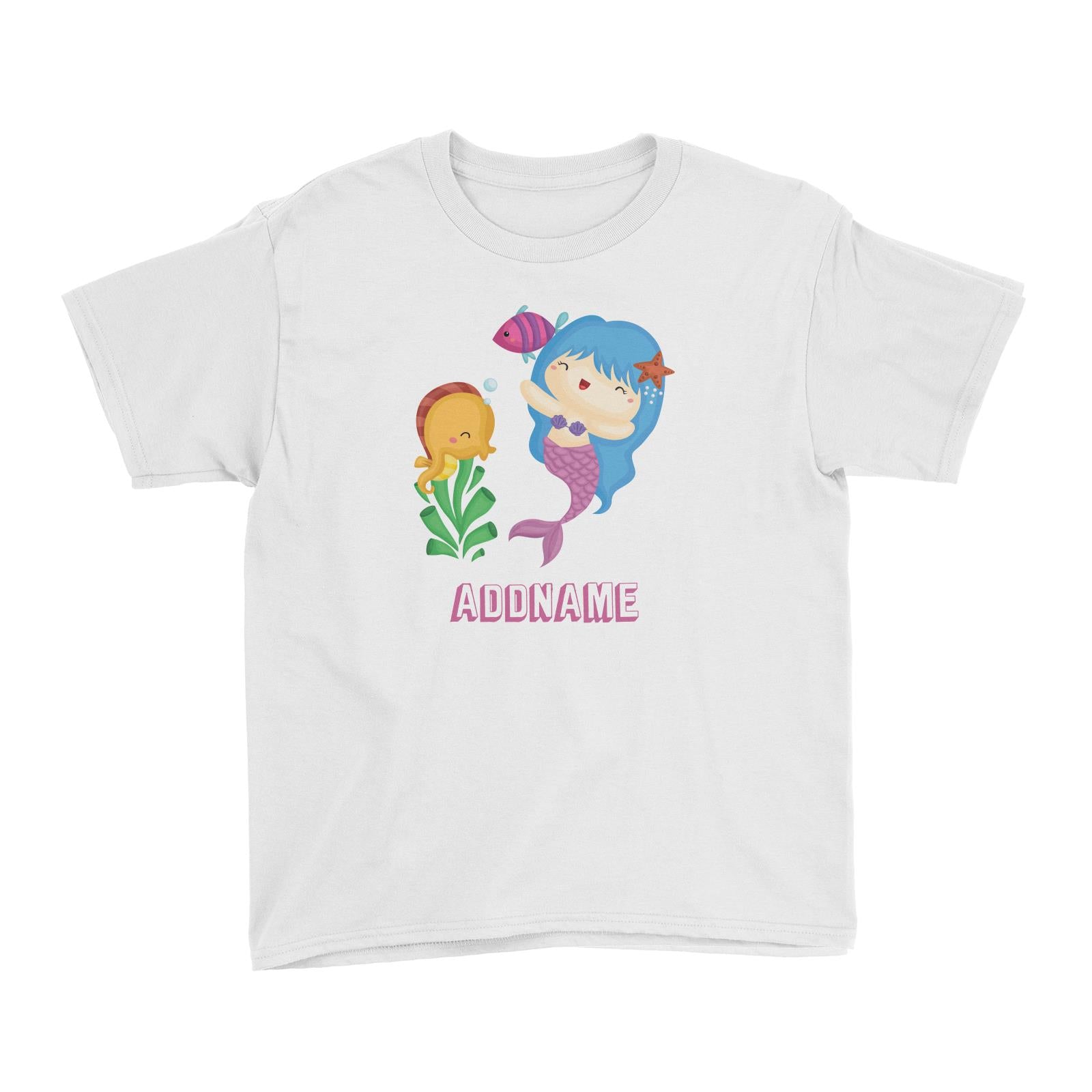 Birthday Mermaid Blue Hair Mermaid Playing With Seahorse Addname Kid's T-Shirt