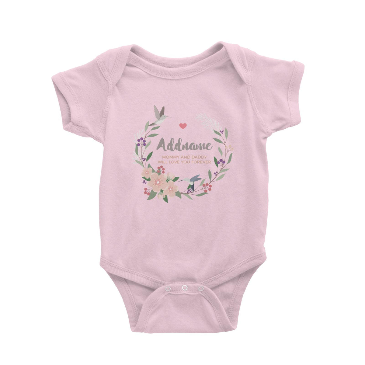 Pink Flower Berries Wreath and Hummingbirds Personalizable with Name and Text Baby Romper