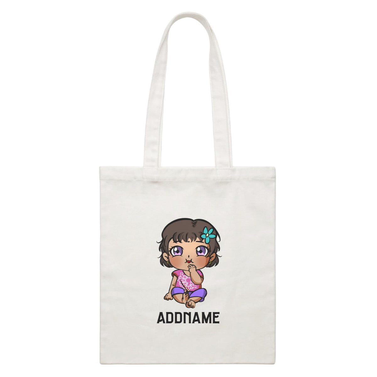 Deepavali Series Chibi Baby Girl Front Addname White Canvas Bag