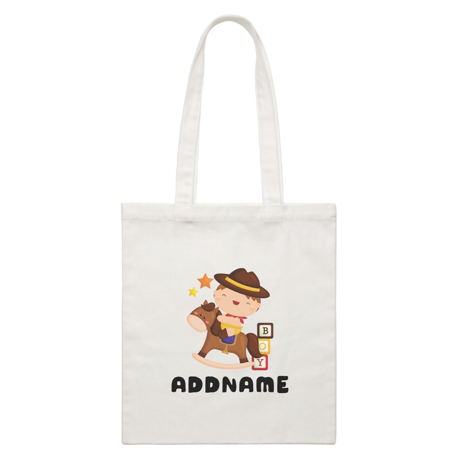 Birthday Cowboy Style Little Cowboy Playing Toy Horse Addname White Canvas Bag