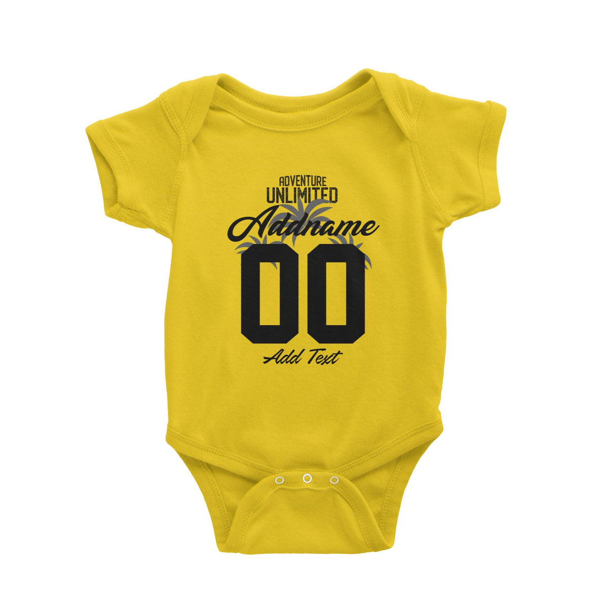 Adventure Unlimited with Grey Leaves Personalizable with Name Number and Text Baby Romper