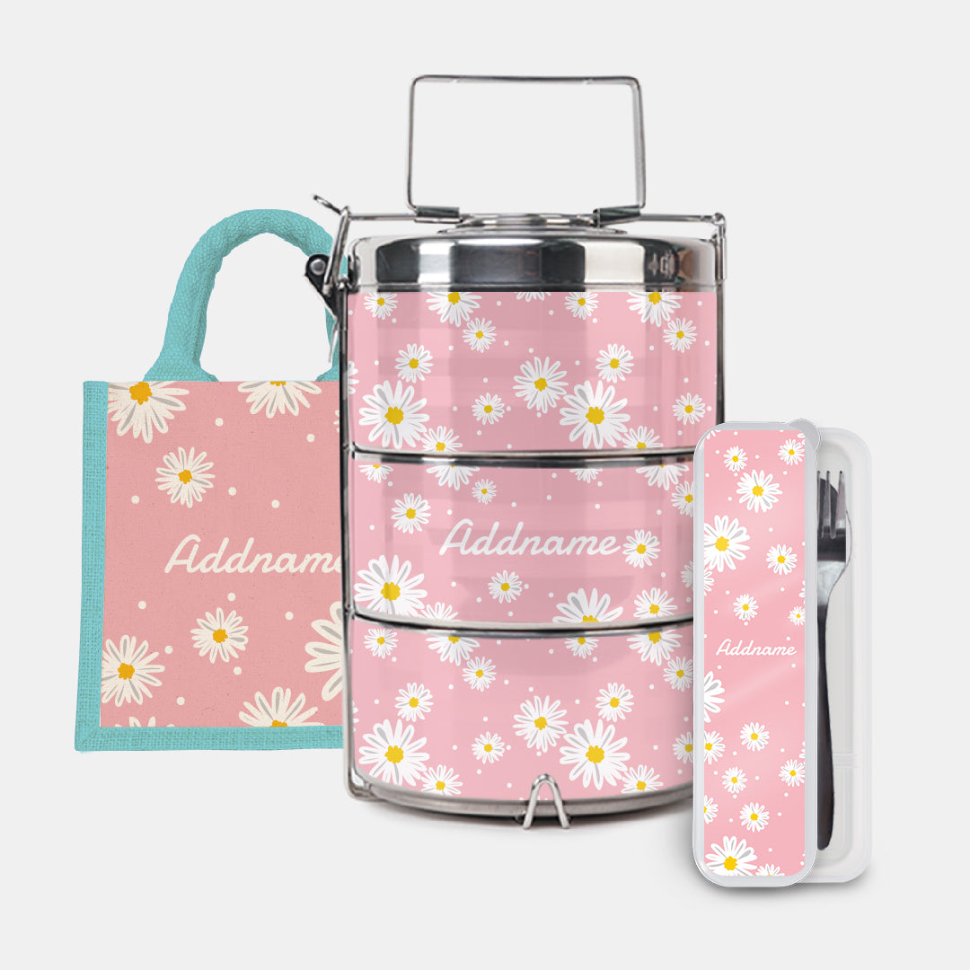 Daisy Series Half Lining Lunch Bag, Premium Tiffin Carrier And Cutlery Set - Blush Light Blue