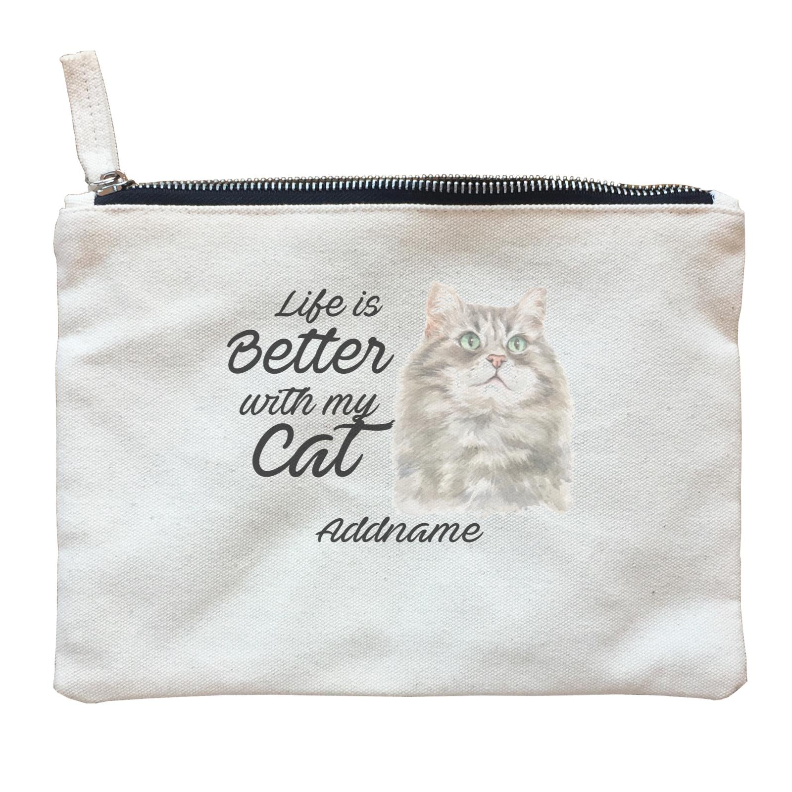 Watercolor Life is Better With My Cat Siberian Cat Grey Addname Zipper Pouch