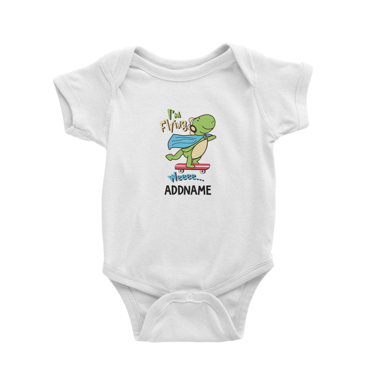 Cool Vibrant Series I'm Flying Dinosaur on Skateboard Addname Baby Romper [SALE]