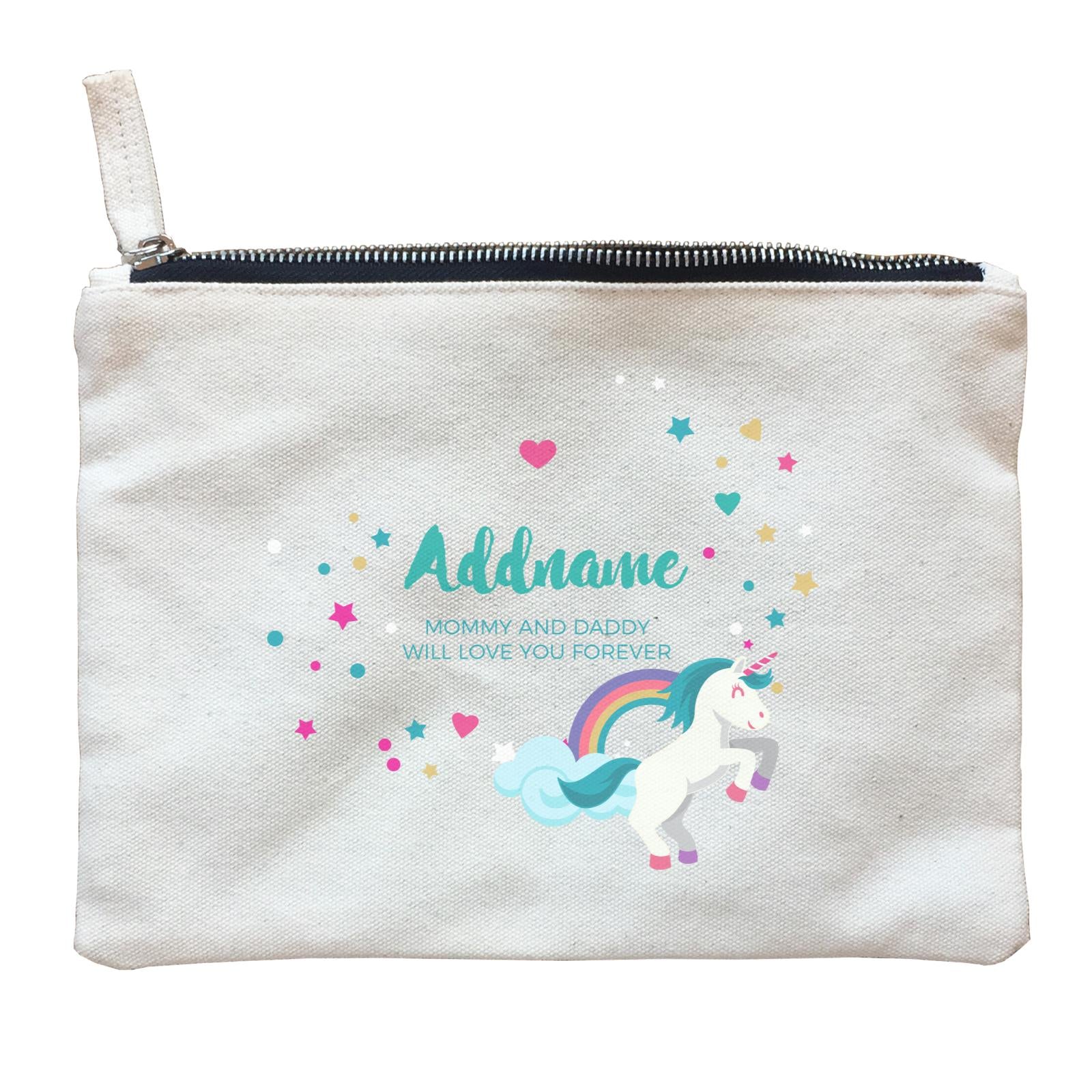 Blue Unicorn with Colourful Love and Start Elements Personalizable with Name and Text Zipper Pouch