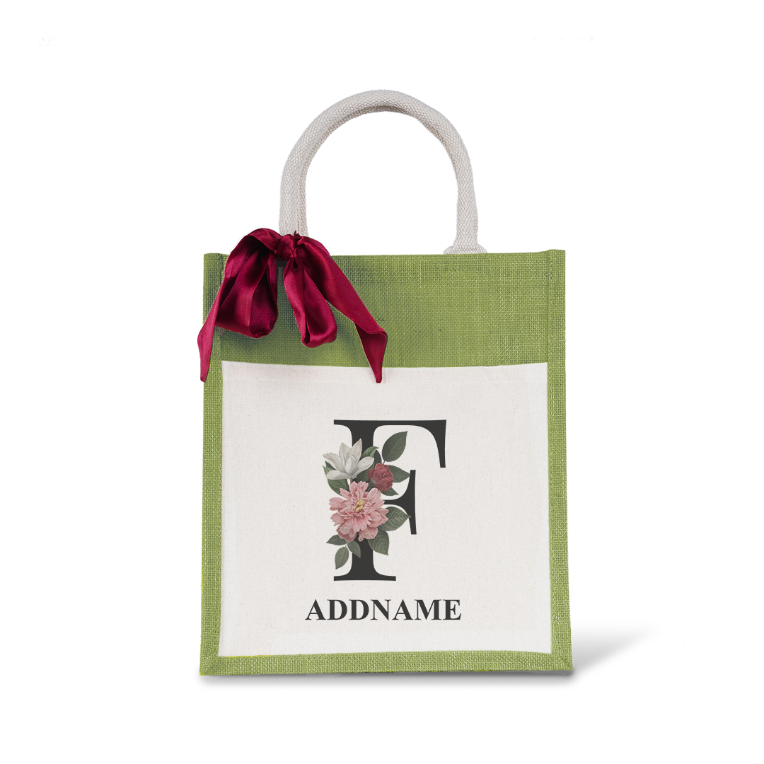 Myra Floral Series Olive Green Colourful Jute Bag With Front Pocket