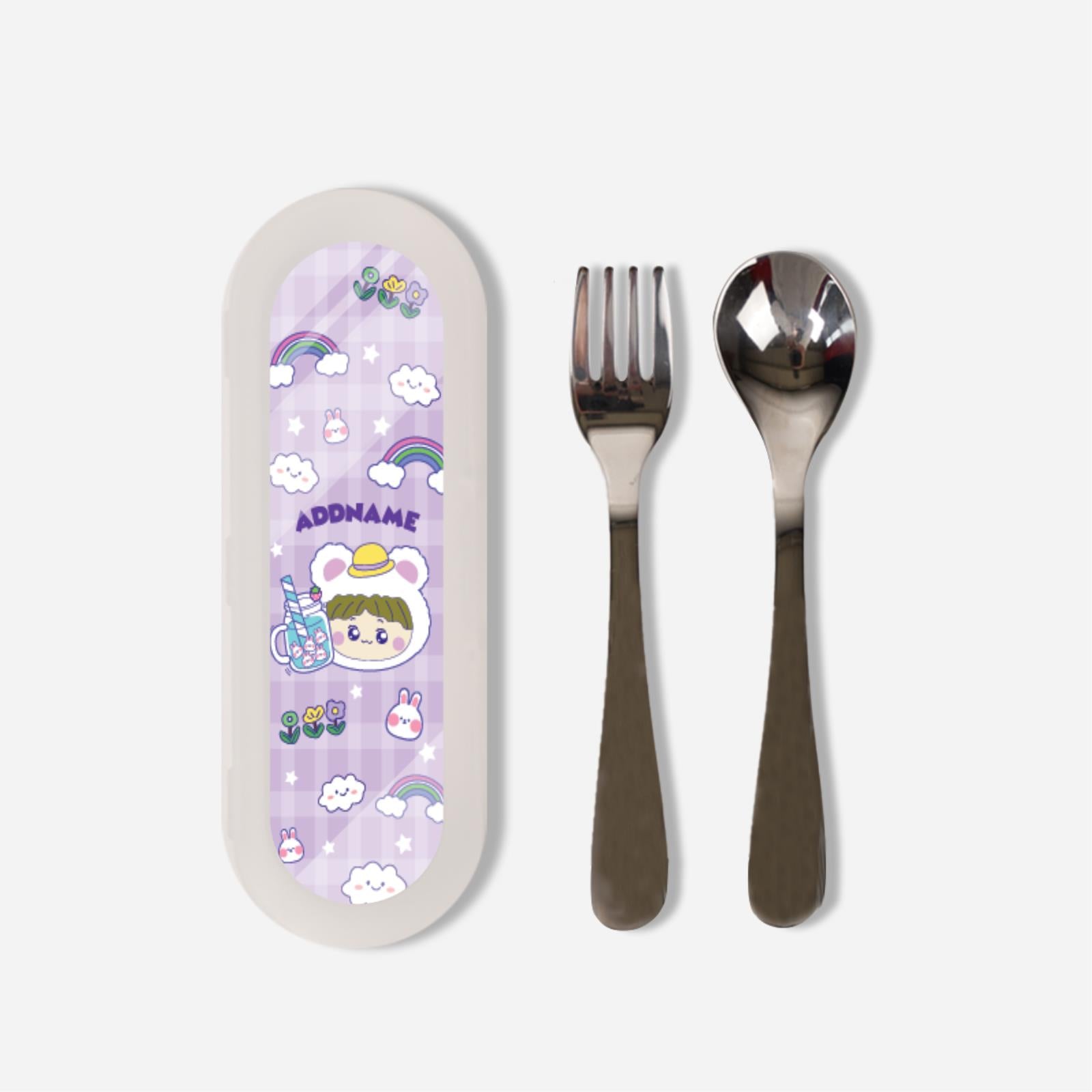 Cute Doodle Series Kids Cutlery Set - Purple Summer Bear