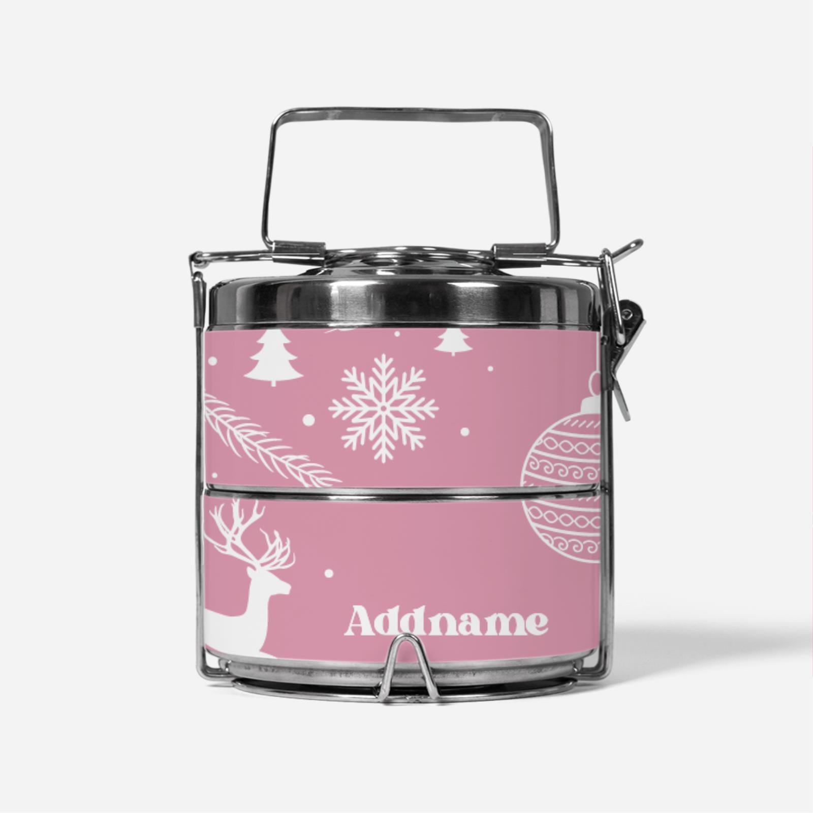 Christmas Series Premium Two Tier Tiffin Carrier - Jubilant Reindeers Light Pink