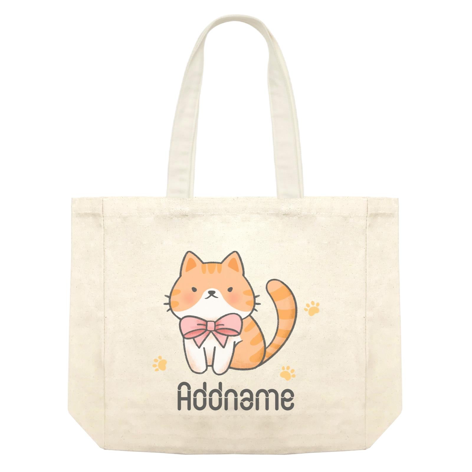 Cute Hand Drawn Style Brown Cat with Ribbon Addname Shopping Bag