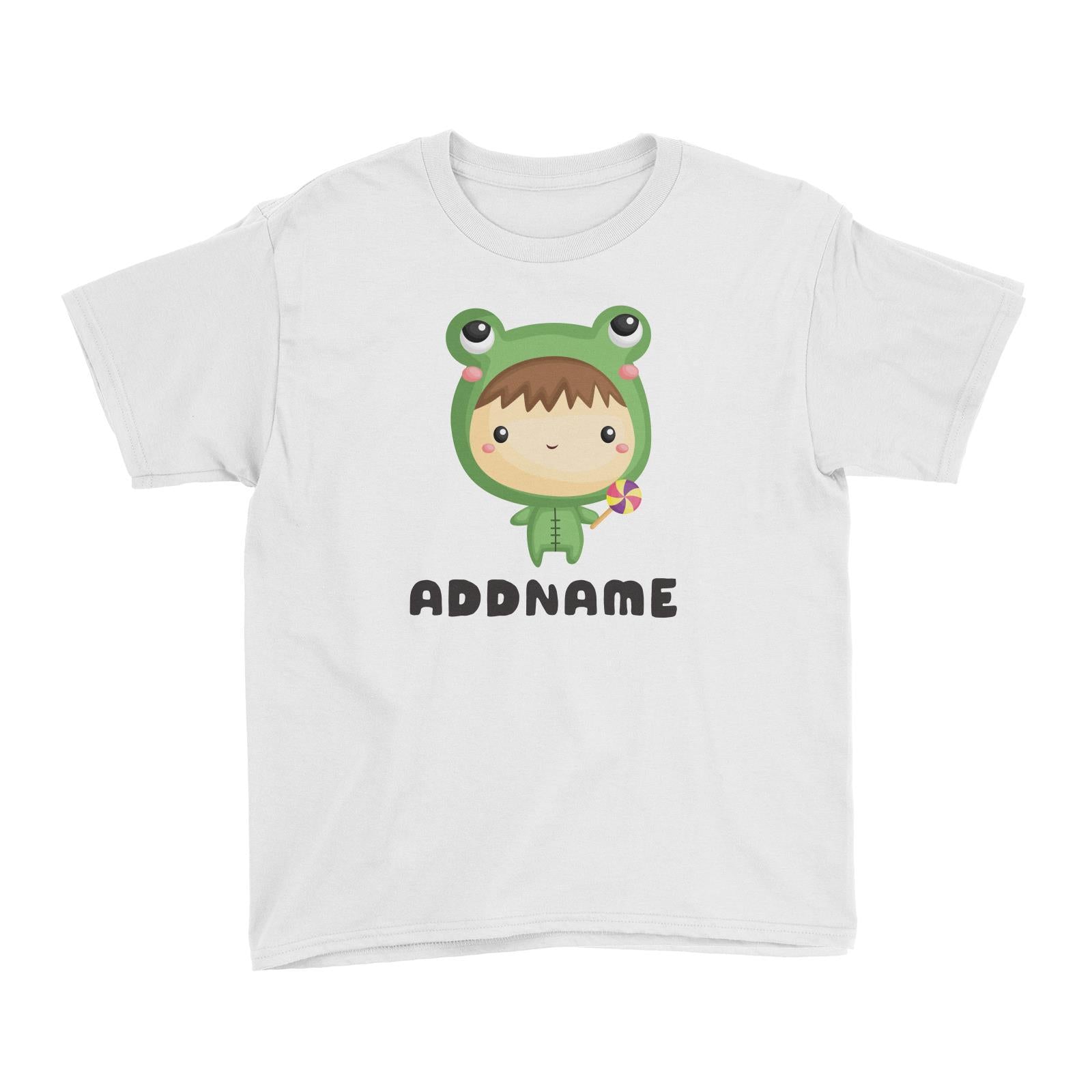 Birthday Frog Baby Boy Wearing Frog Suit Holding Lolipop Addname Kid's T-Shirt