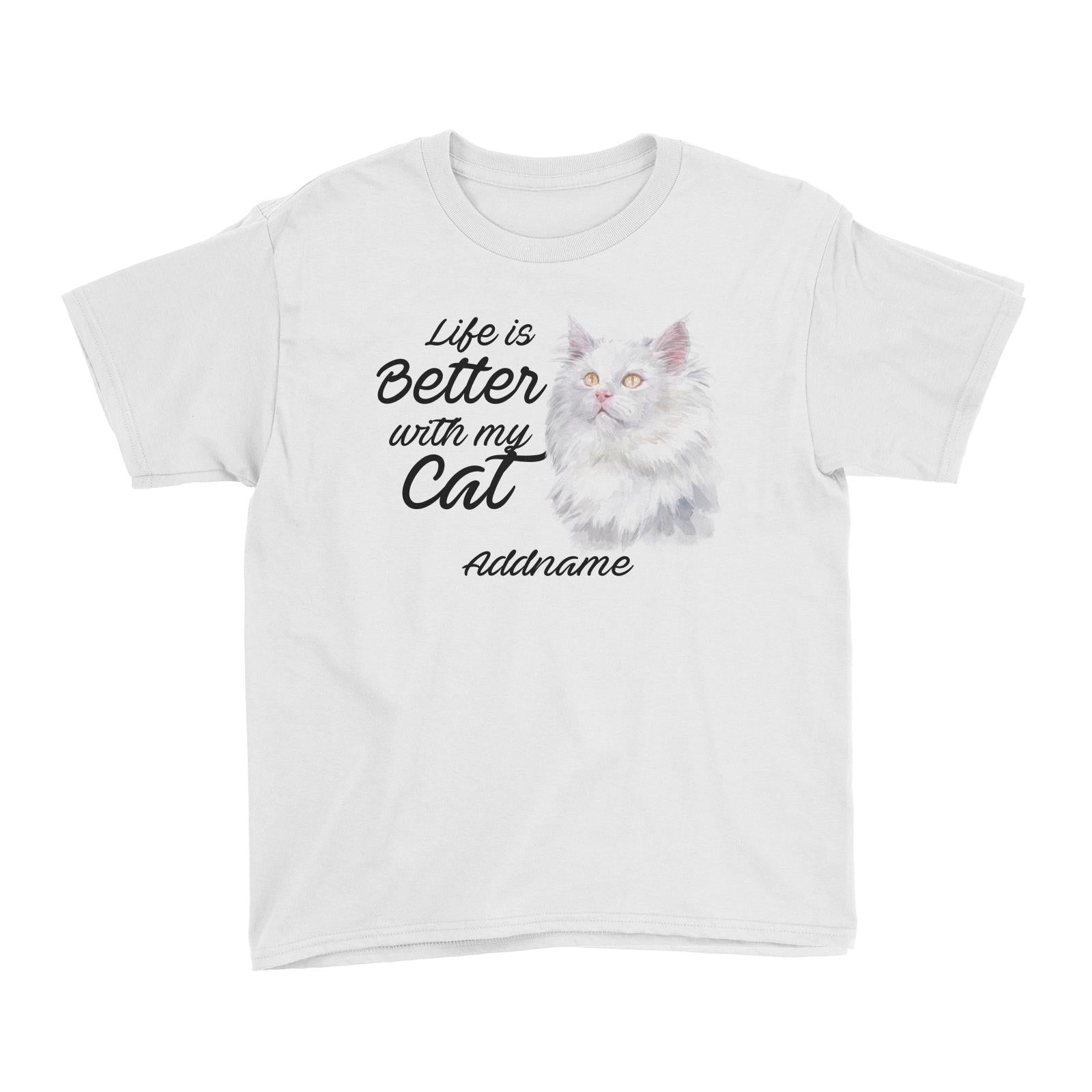 Watercolor Life is Better With My Cat Deutsch Langhaar Katzen Addname Kid's T-Shirt