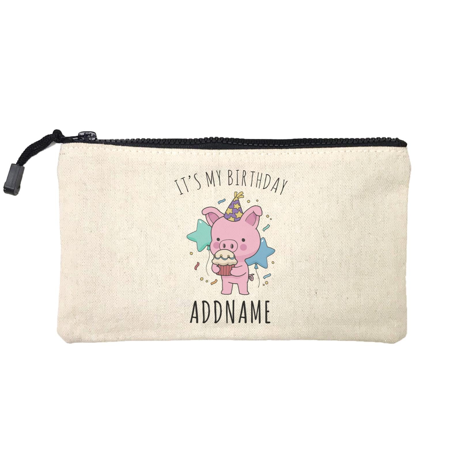 Birthday Sketch Animals Pig with Party Hat Eating Cupcake It's My Birthday Addname Mini Accessories Stationery Pouch