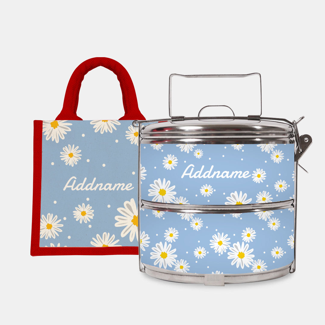 Daisy Series Half Lining Lunch Bag Wtih Standard Two Tier Tiffin Carrier - Frost Red