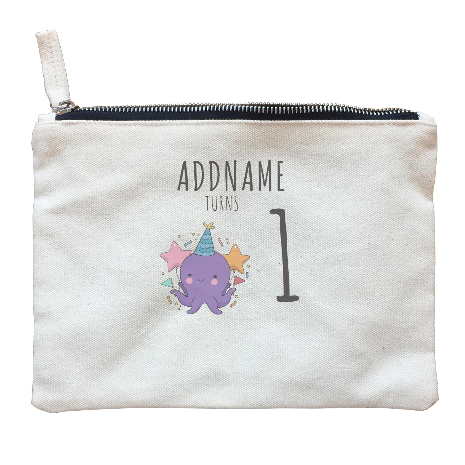 Birthday Sketch Animals Octopus with Flags Addname Turns 1 Zipper Pouch