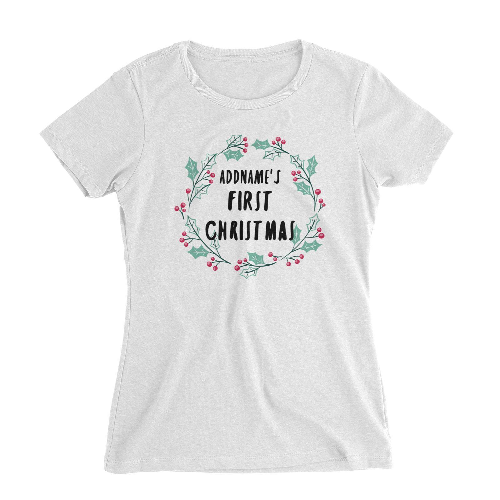 Holly Wreath Addname's First Christmas Women's Slim Fit T-Shirt  Personalizable Designs