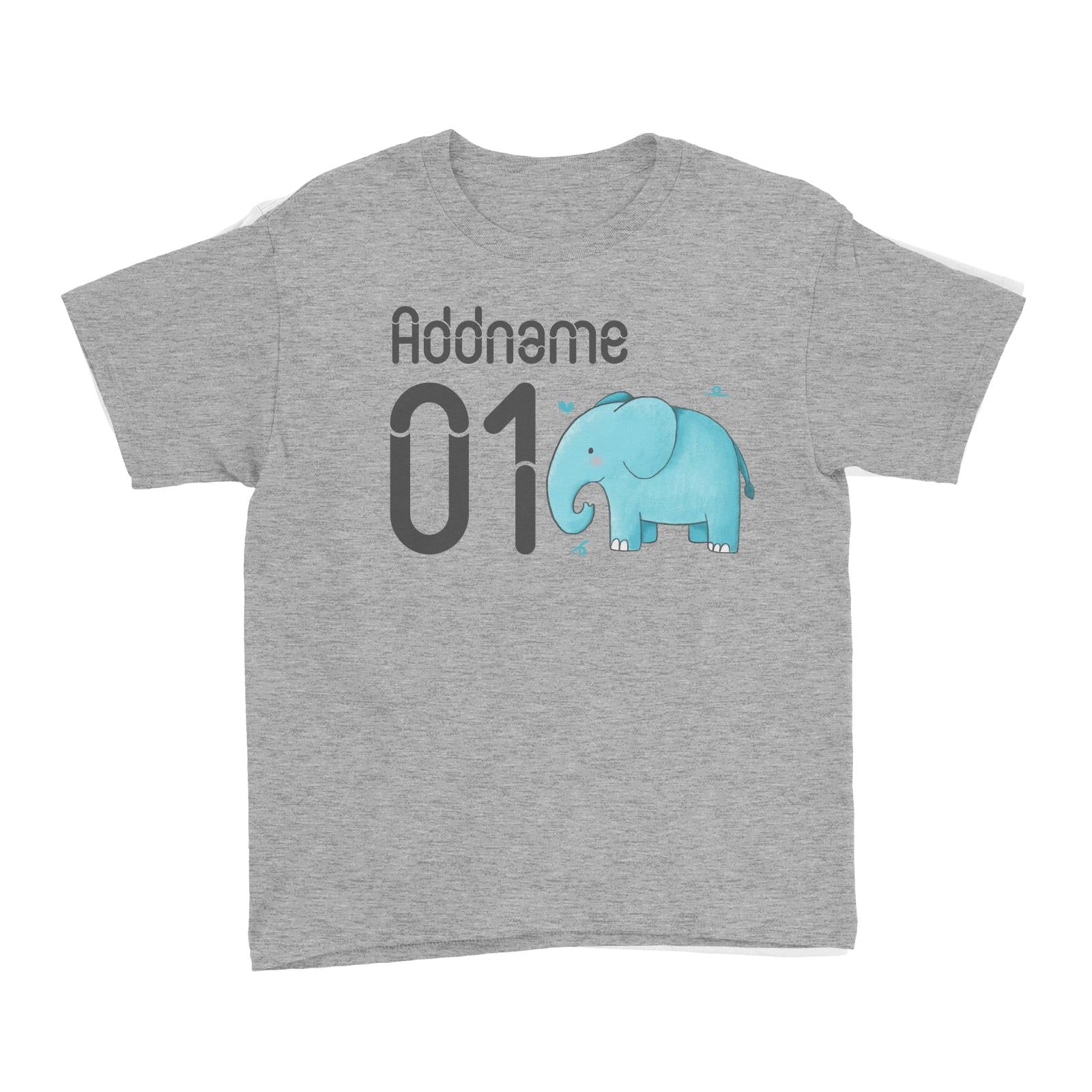 Name and Number Cute Hand Drawn Style Elephant Kid's T-Shirt