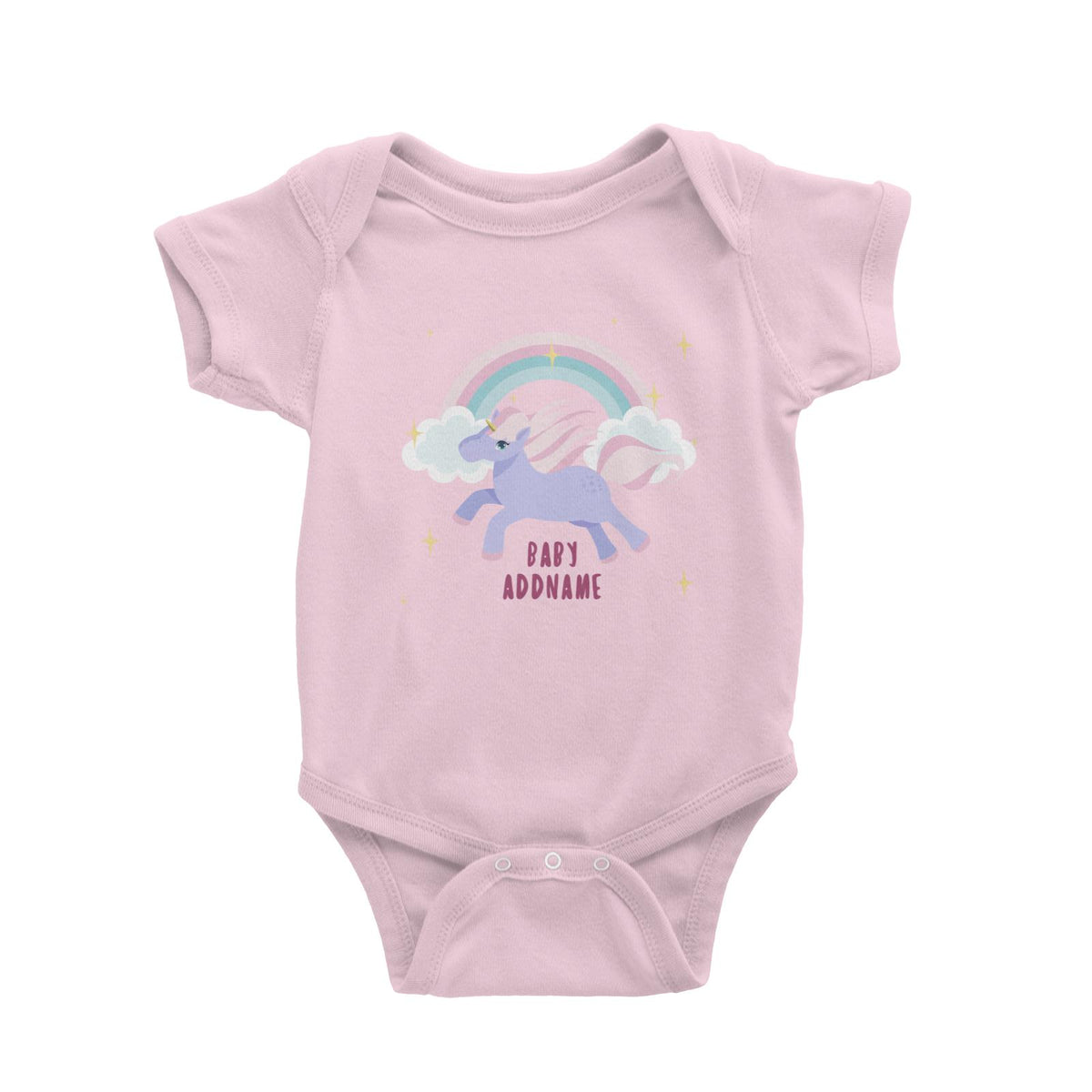 Purple Unicorn Galloping with Rainbow and Baby Addname Baby Romper