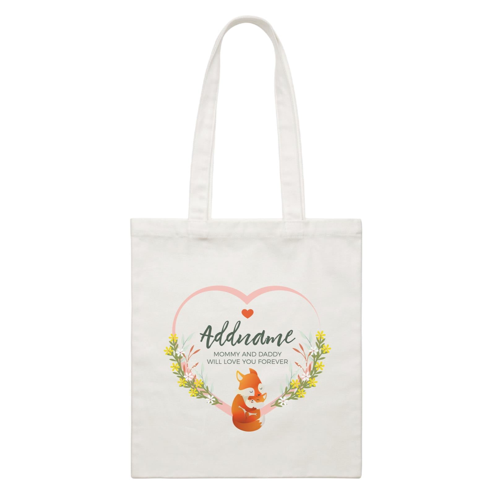 Loving Mother and Baby Fox in Heart Personalizable with Name and Text White Canvas Bag