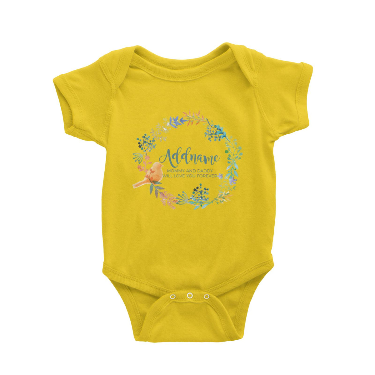 Spring Flower with Bird Wreath Personalizable with Name and Text Baby Romper