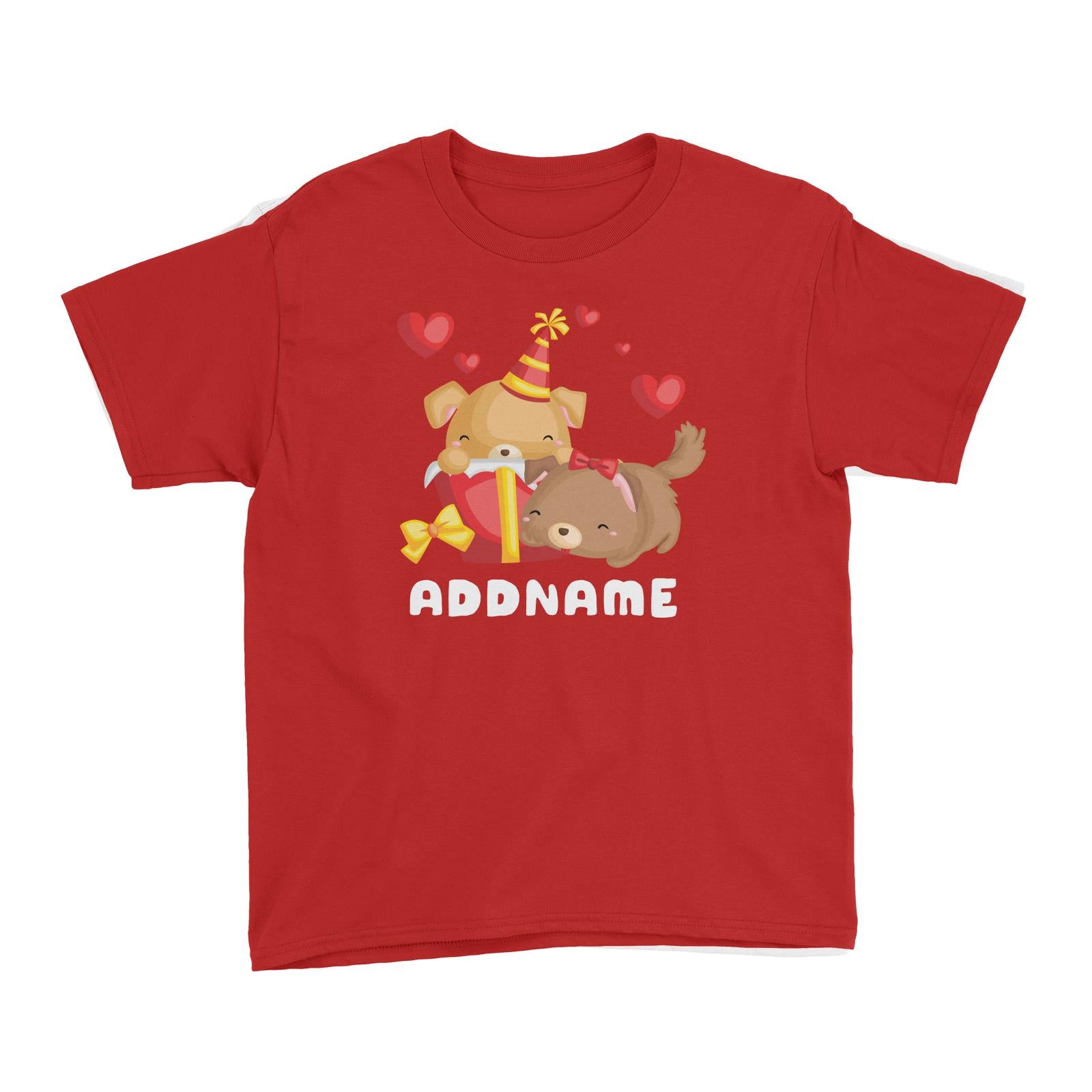 Birthday Friendly Animals Happy Two Dogs Open Present Addname Kid's T-Shirt