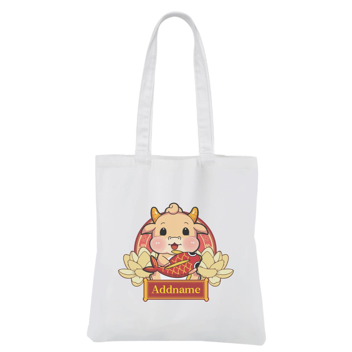 [CNY 2021] Gold Lotus Series Golden Cow with Koi Fish White Canvas Bag