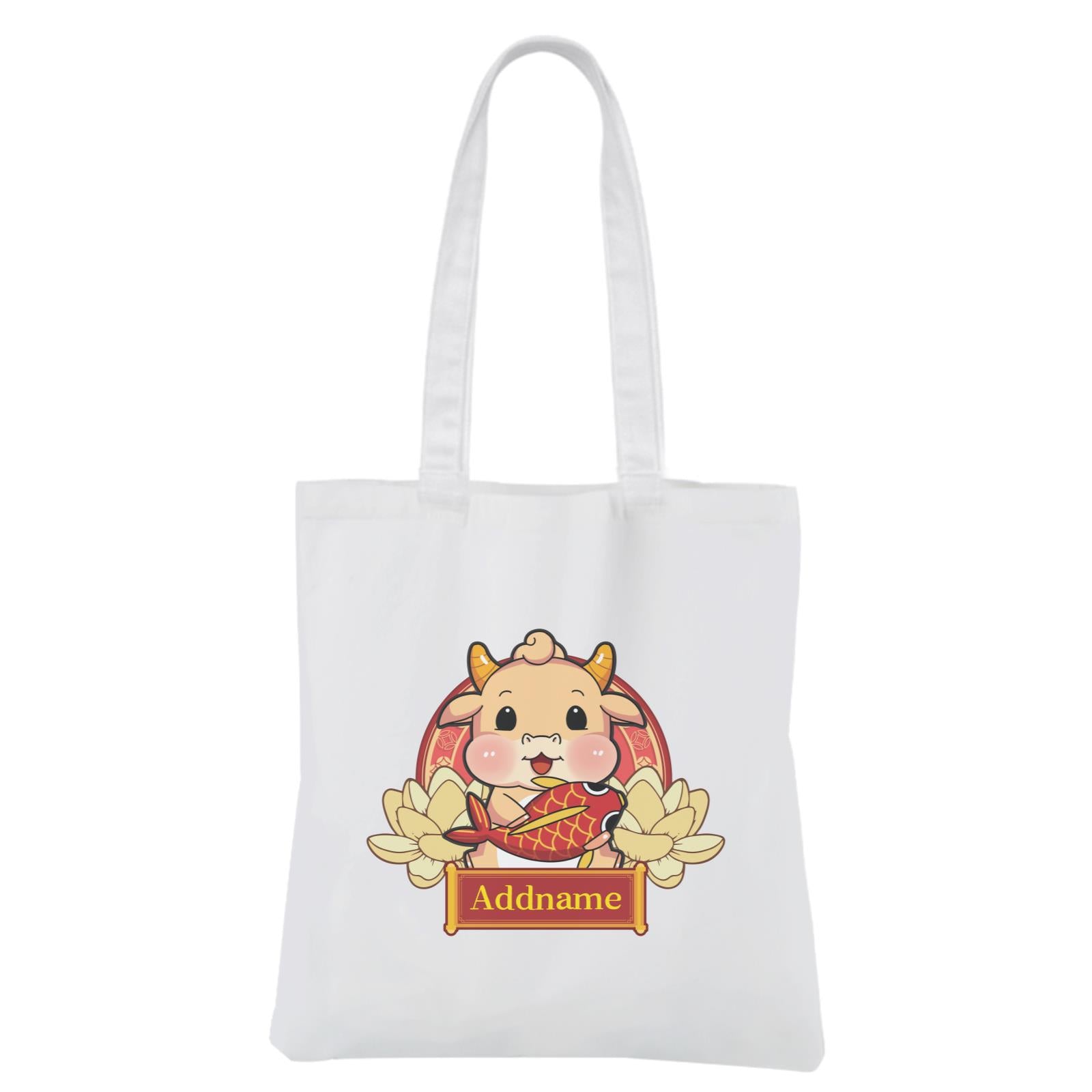 [CNY 2021] Gold Lotus Series Golden Cow with Koi Fish White Canvas Bag