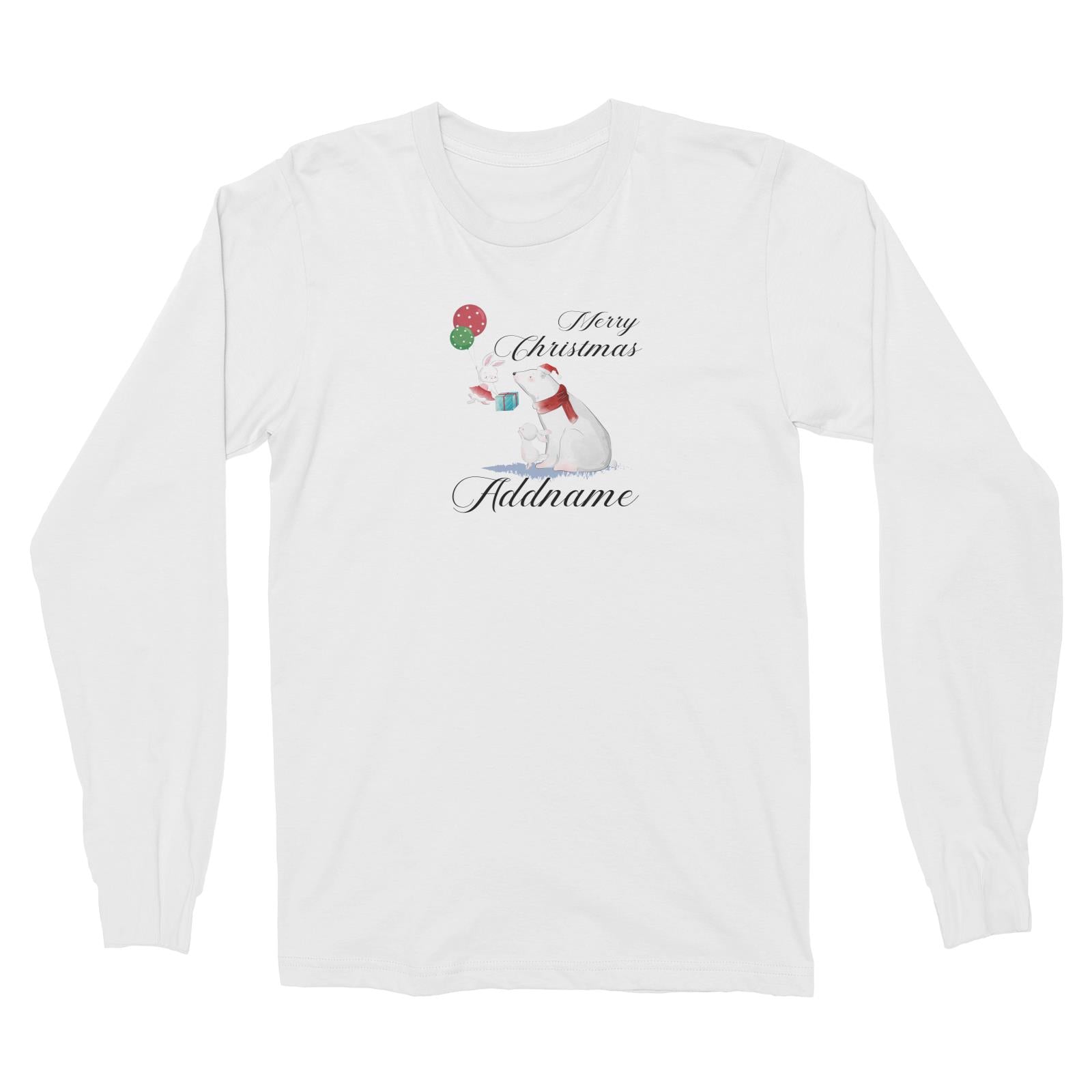 Christmas Cute Rabbits And Polar Bear With Present Merry Christmas Addname Long Sleeve Unisex T-Shirt