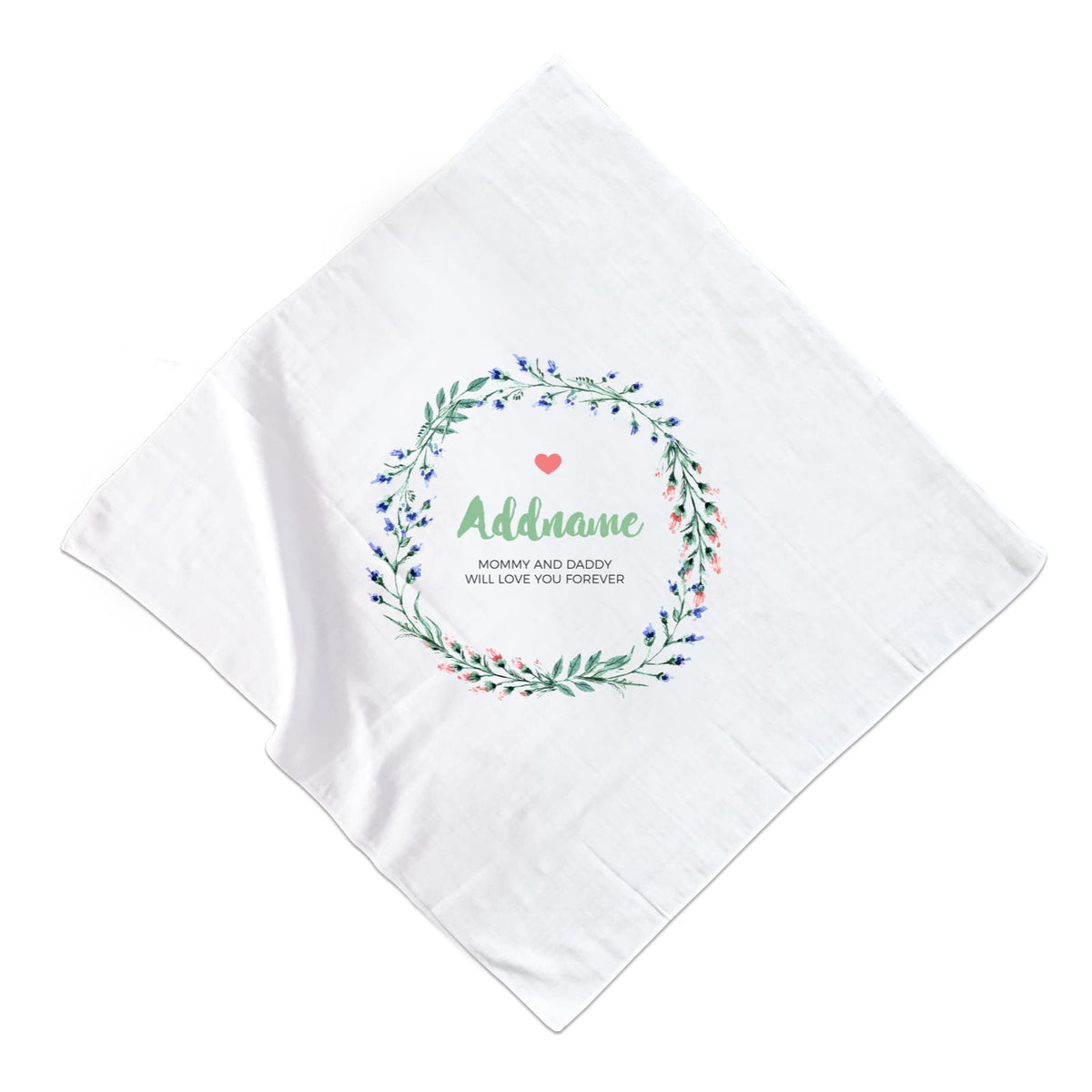 Red and Blue Flower Leaf Wreath Personalizable with Name and Text Muslin Square