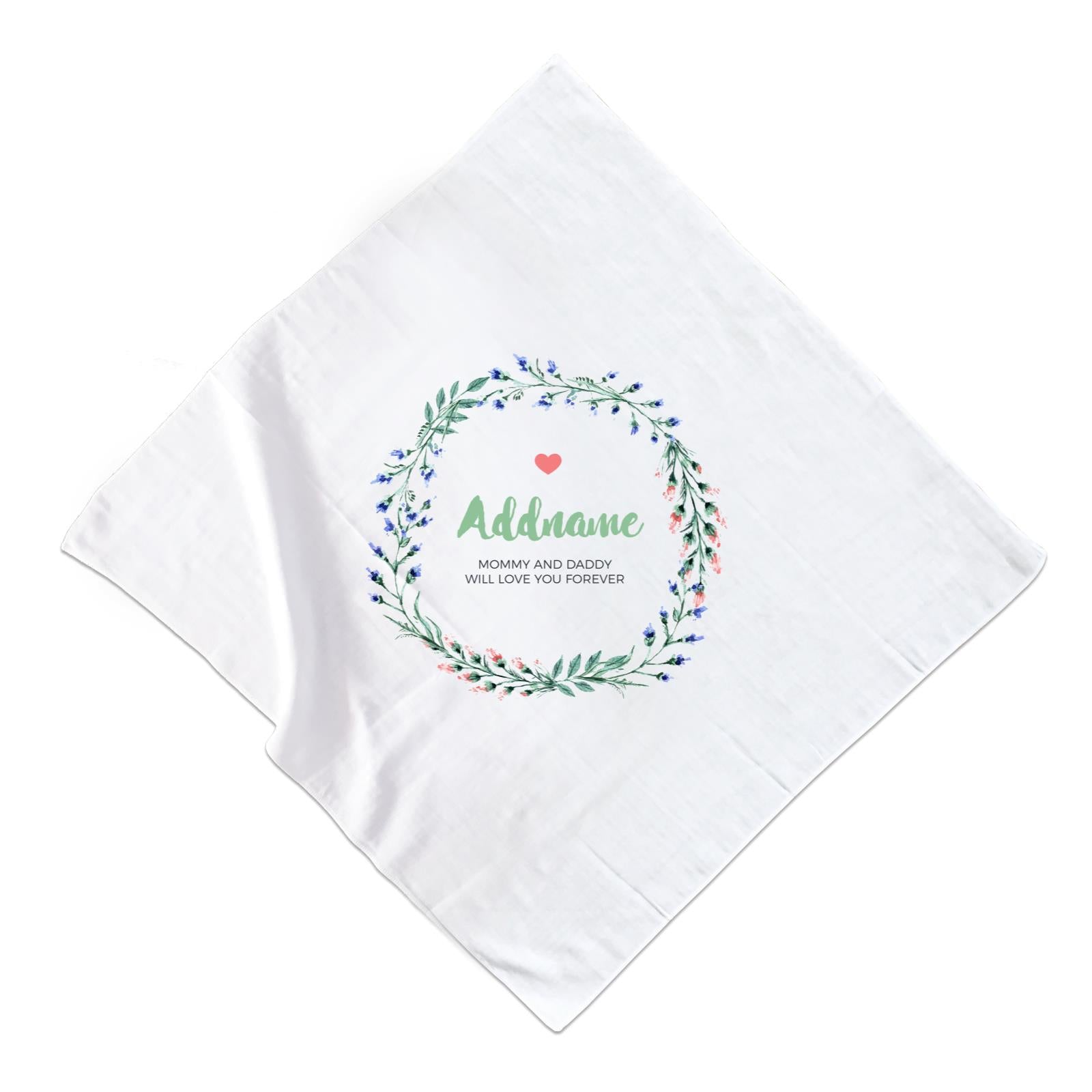 Red and Blue Flower Leaf Wreath Personalizable with Name and Text Muslin Square