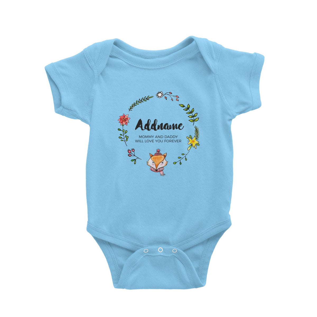 Doodle Green Wreath with Cute Fox Personalizable with Name and Text Baby Romper