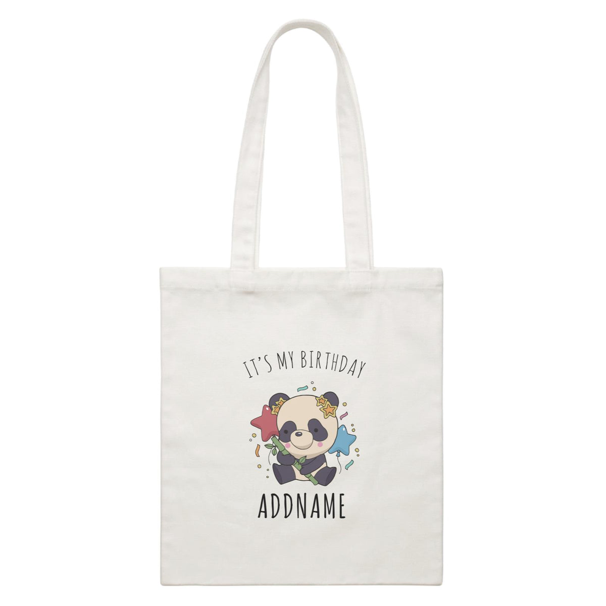 Birthday Sketch Animals Panda with Party Hat Holding Bamboo It's My Birthday Addname White Canvas Bag