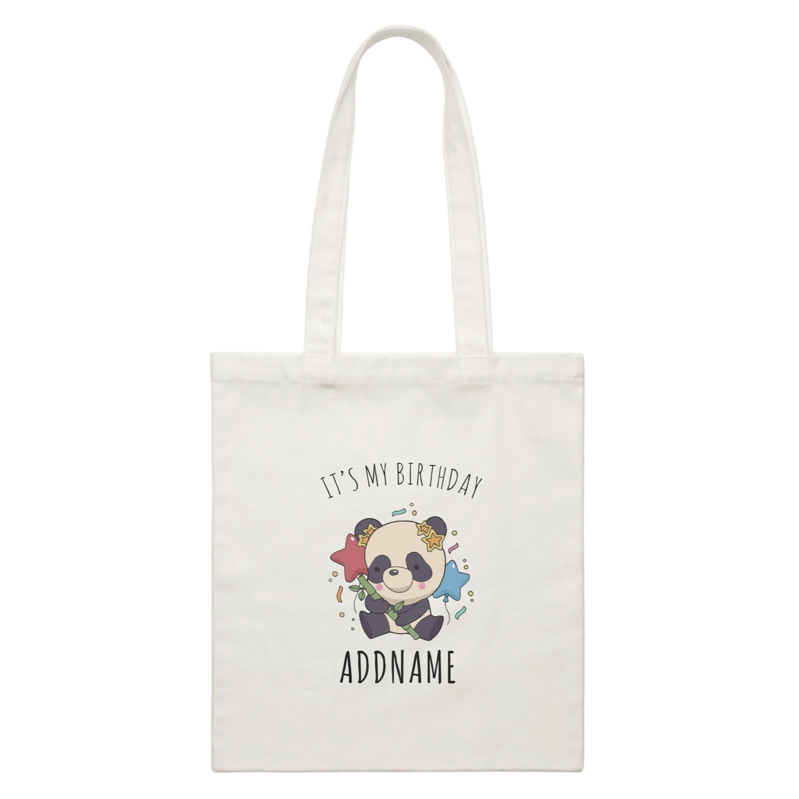 Birthday Sketch Animals Panda with Party Hat Holding Bamboo It's My Birthday Addname White Canvas Bag