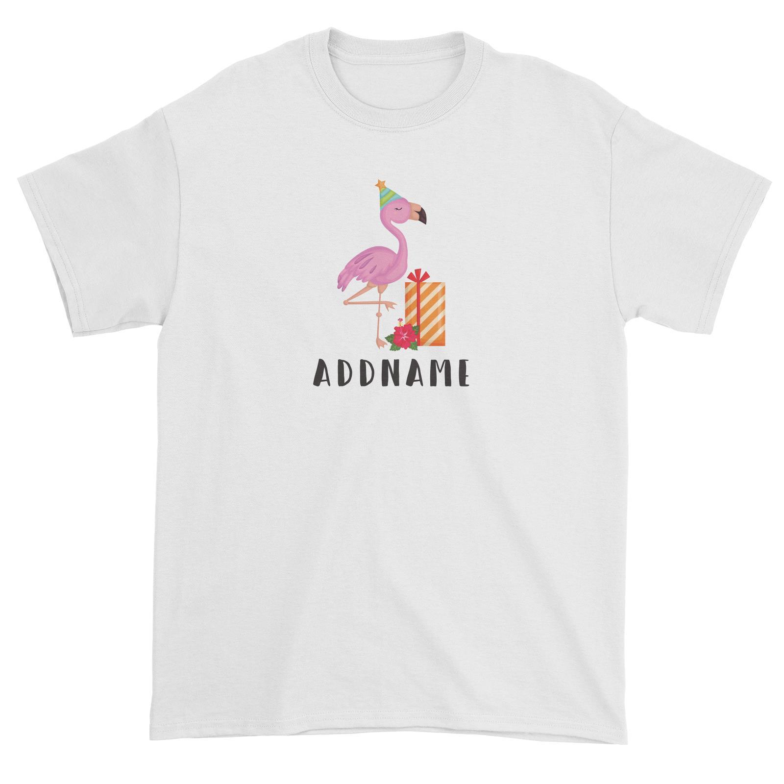 Birthday Hawaii Flamigo Wearing Party Hat With Present And Hibiscus Addname Unisex T-Shirt