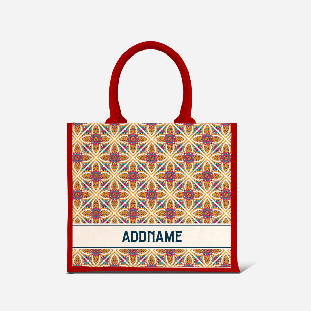 Pookal Series Half Lining Jute Bag - Vibrant Tiles Red