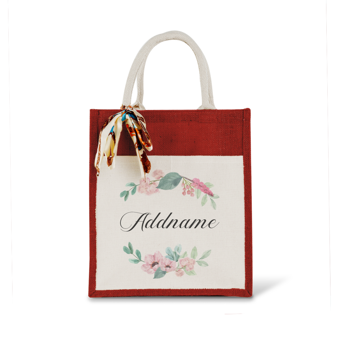 Beautiful Flower Wreath Colourful Jute Bag With Front Pocket