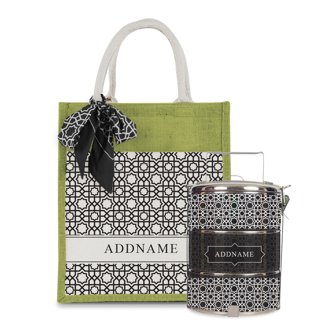 Annas Series - Black Colorful Jute Bag with Front Pocket with Tiffin Carrier Set