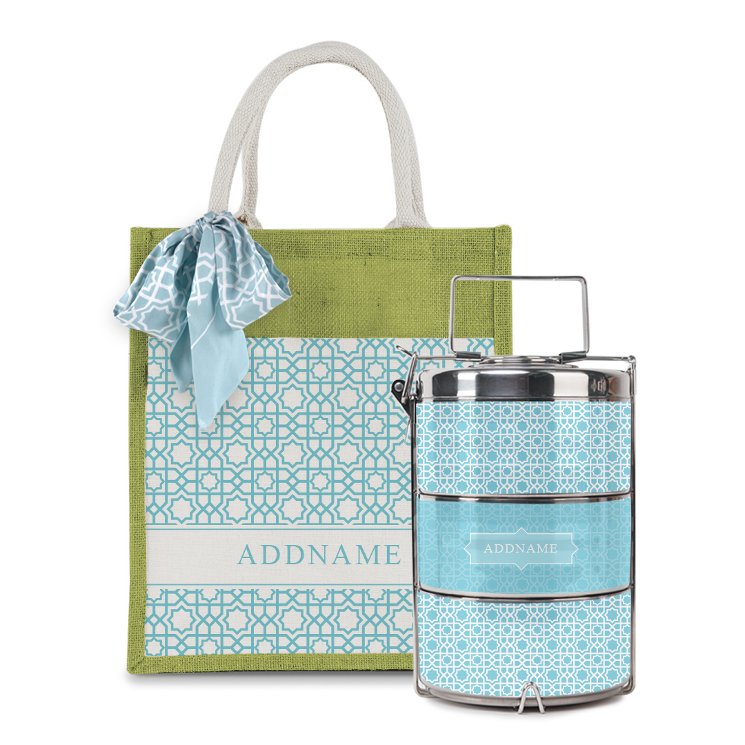 Annas Series - Sky Blue Colorful Jute Bag with Front Pocket with Tiffin Carrier Set