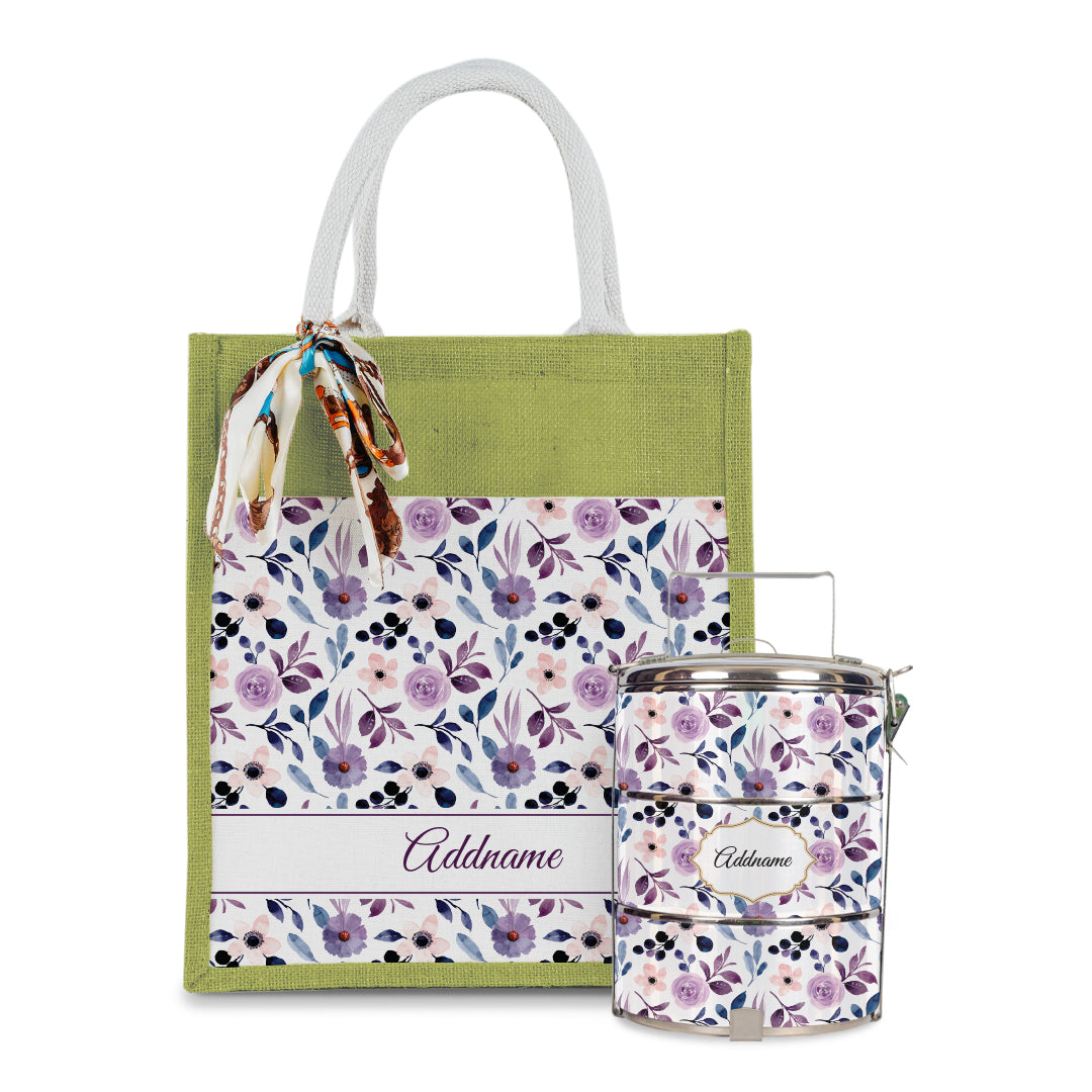 Laura Series - Violet Colorful Jute Bag with Front Pocket with Tiffin Carrier Set