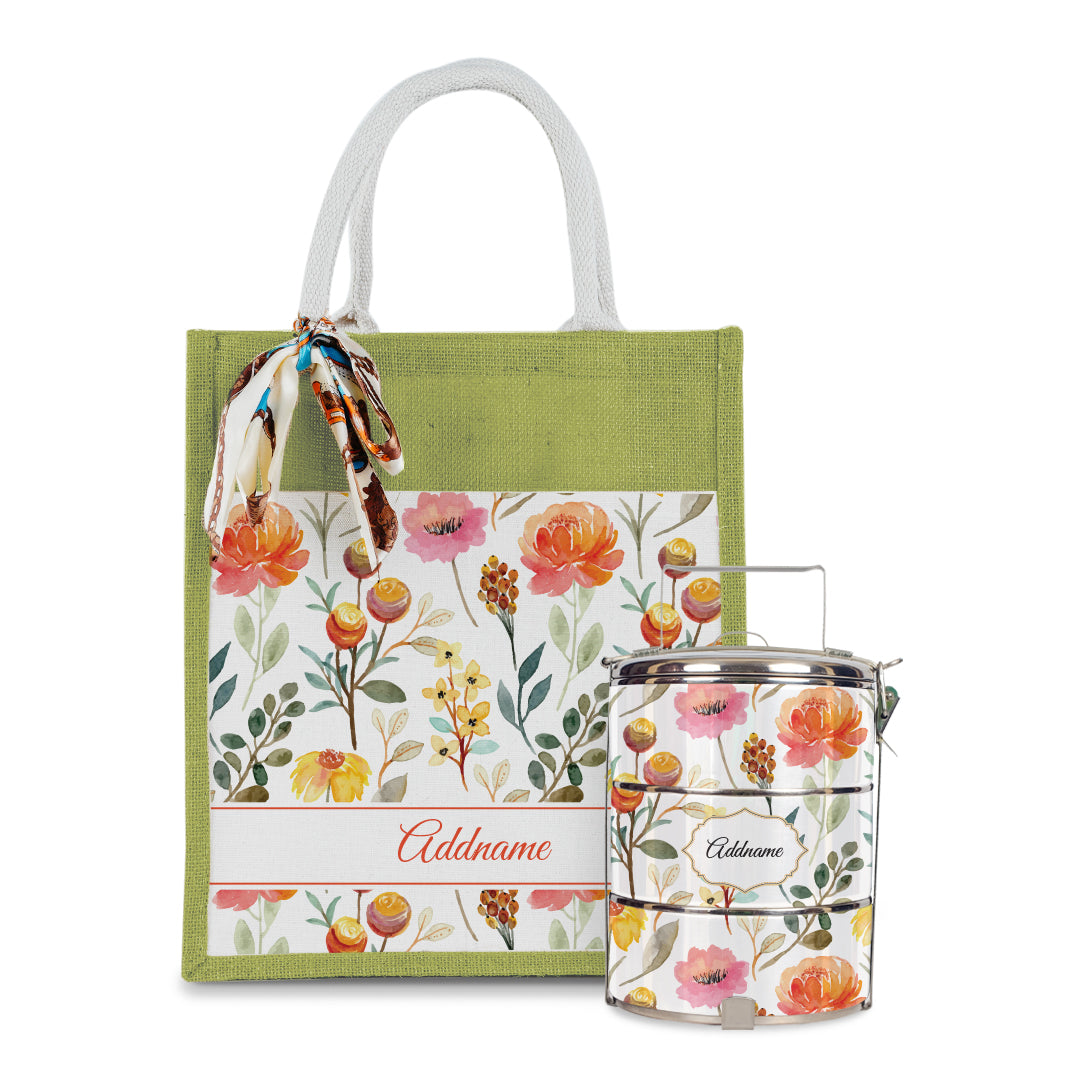 Laura Series - Carnelian Colorful Jute Bag with Tiffin Carrier Set