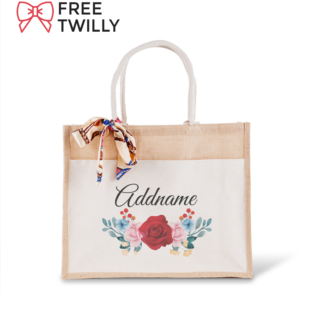Colorful Rose Jute Bag with Front Pocket