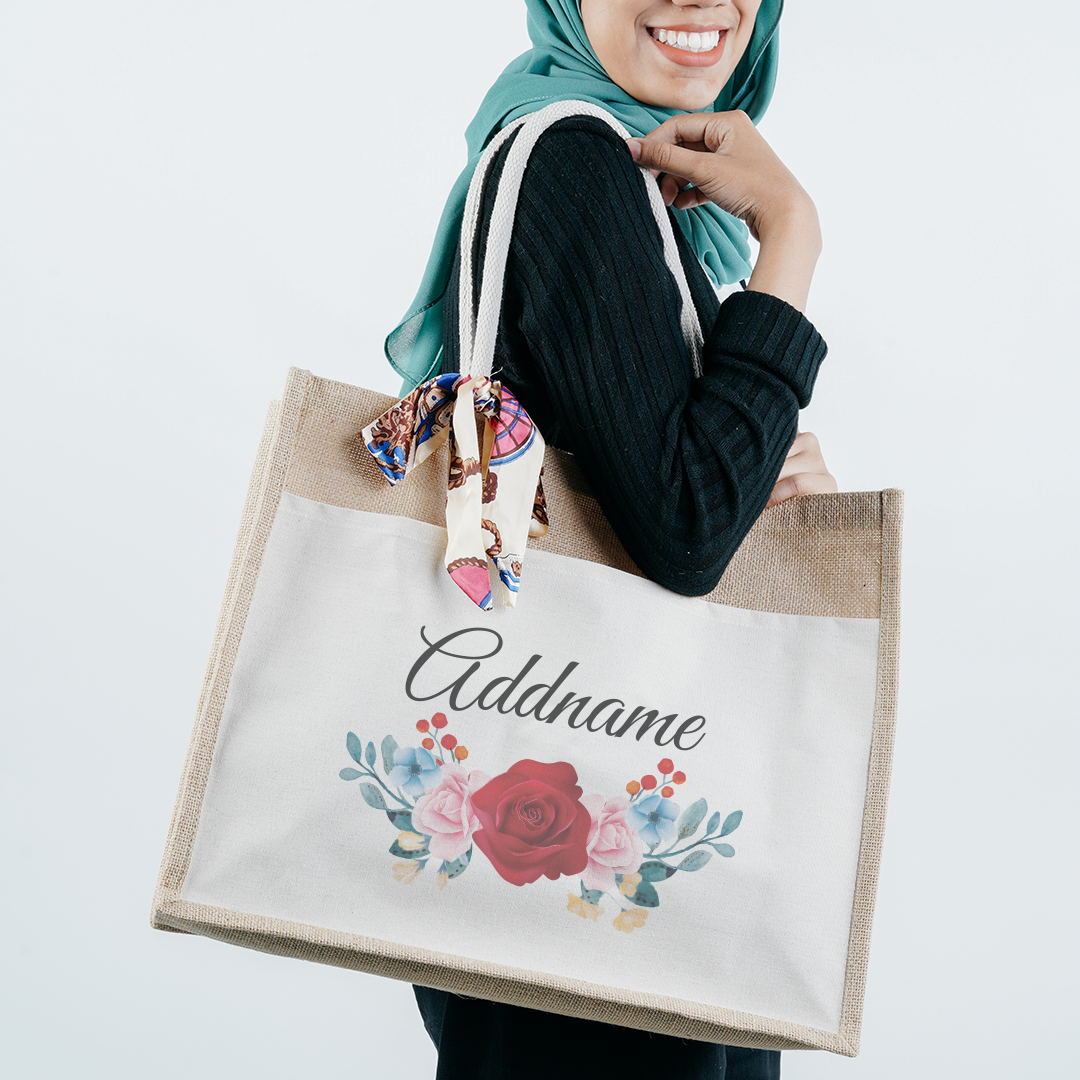 Colorful Rose Jute Bag with Front Pocket